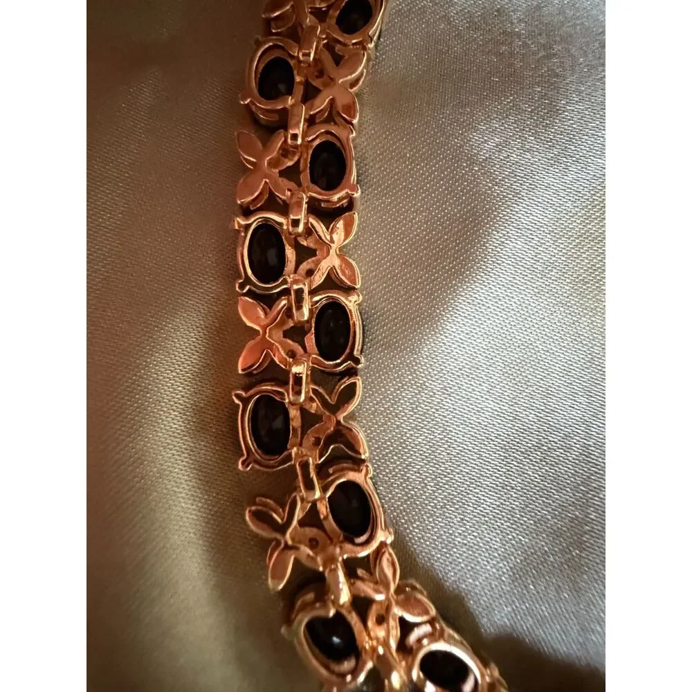 Gold Tone Black Onyx Look Floral Tennis Bracelet 7.5